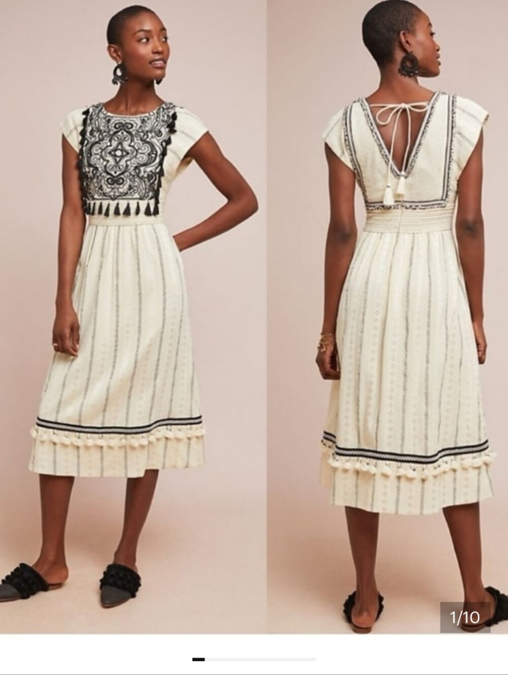 Anthropologie Maeve Anaya Embroidered Midi Dress Ivory Black Size 16 NWT